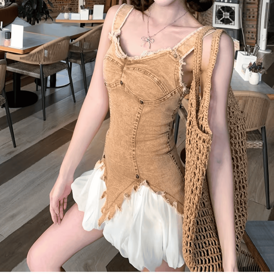 Denim Distressed Tank Top & Bubble Skirt Two Piece Set - Festigal