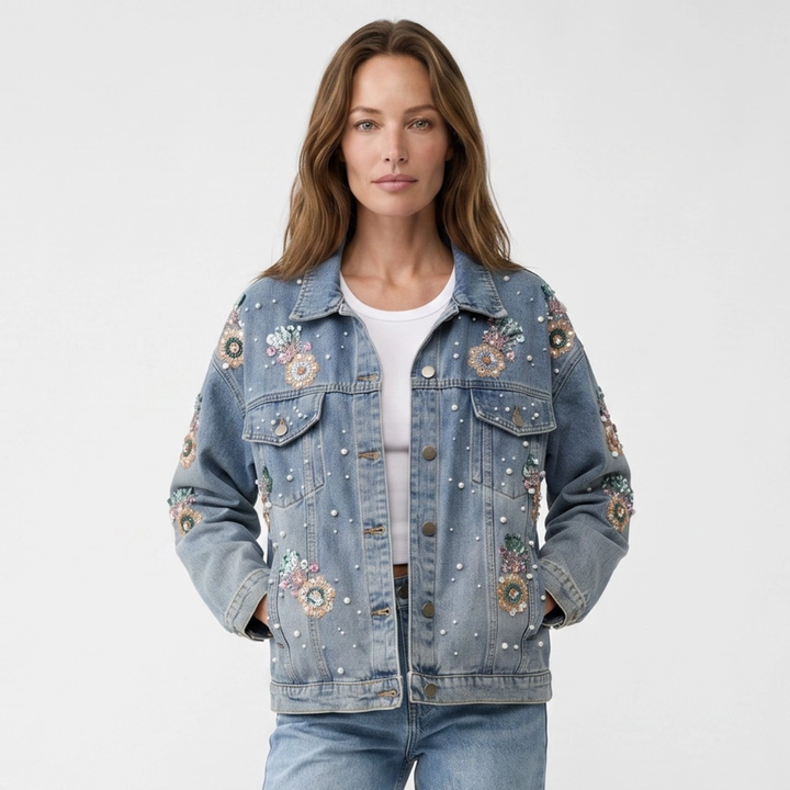 Floral Embroidered Pearl Denim Jacket