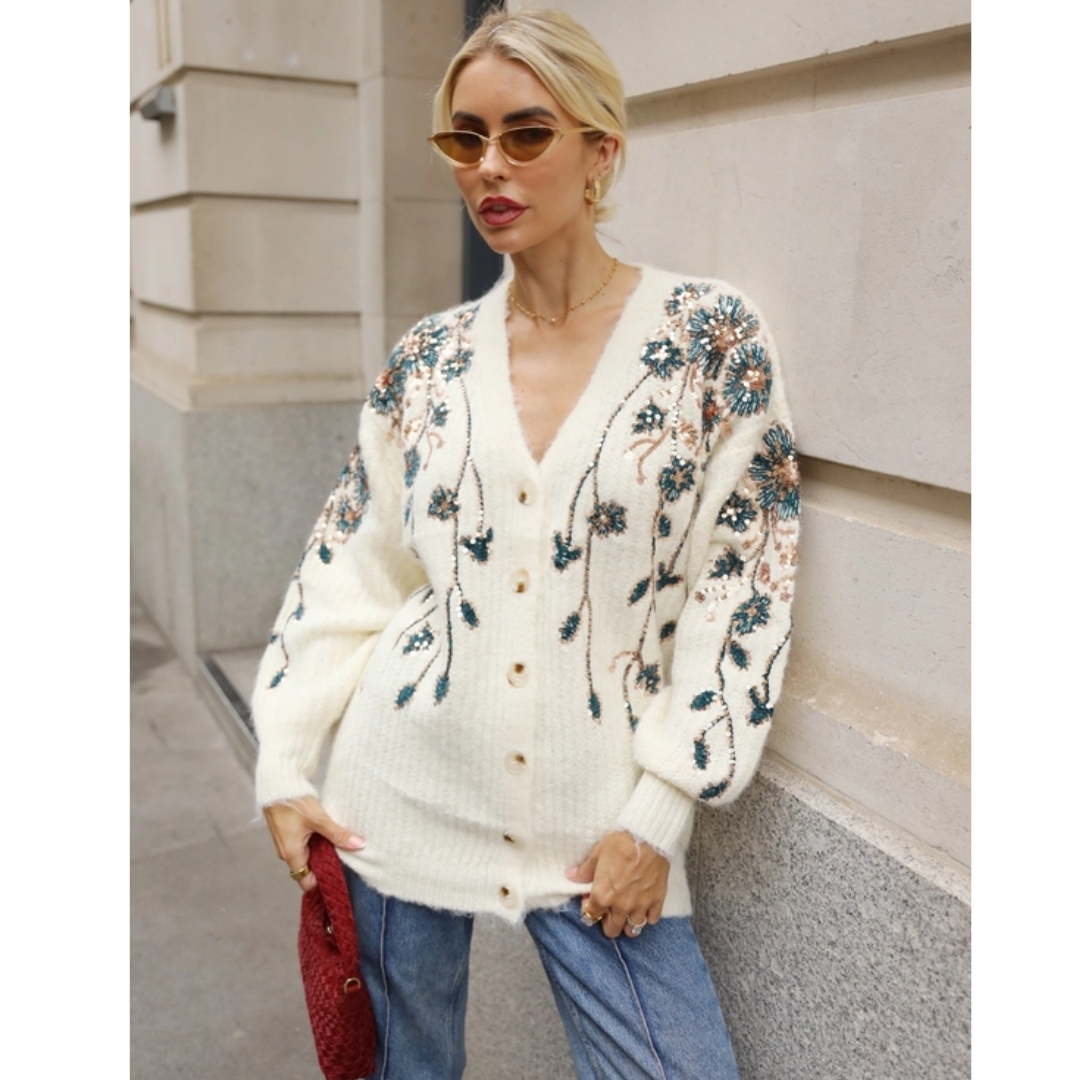 Cream Sequin Floral Embellished Oversized Knit Cardigan