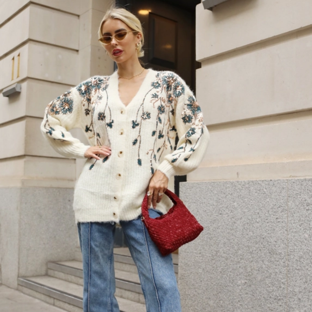 Cream Sequin Floral Embellished Oversized Knit Cardigan
