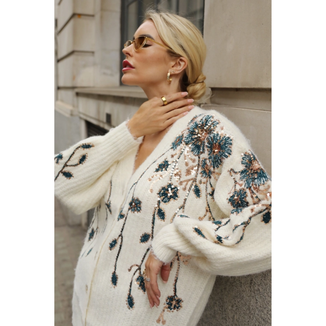 Cream Sequin Floral Embellished Oversized Knit Cardigan