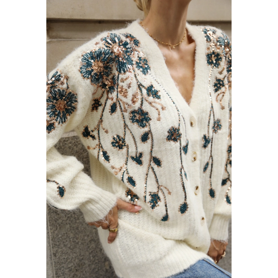 Cream Sequin Floral Embellished Oversized Knit Cardigan