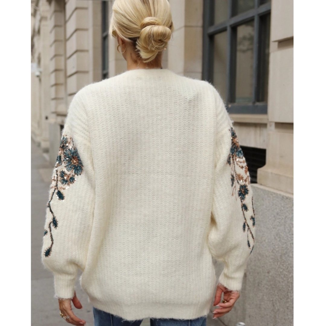 Cream Sequin Floral Embellished Oversized Knit Cardigan