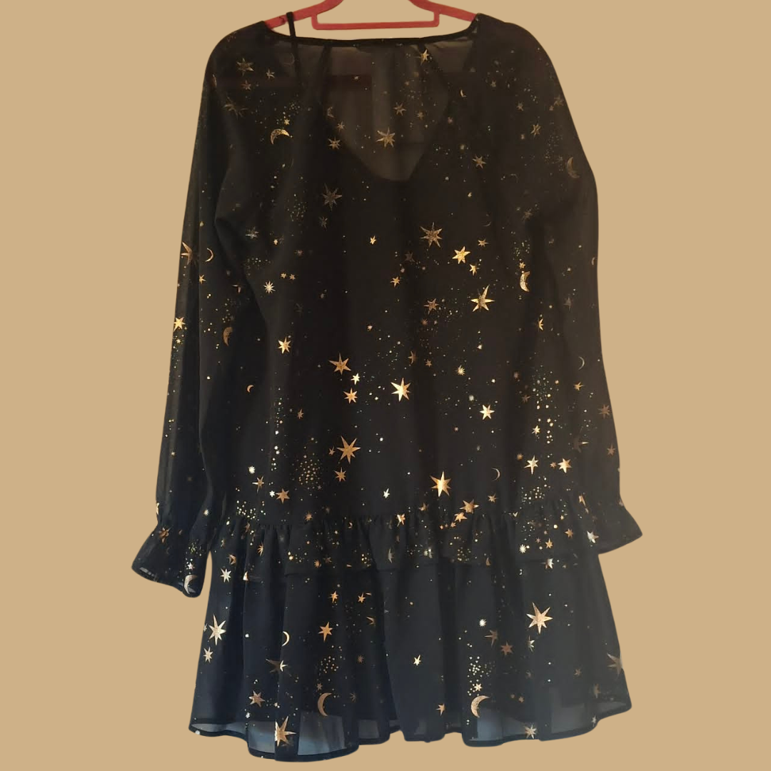 Black/Gold Star & Moon Flowy Midi Dress