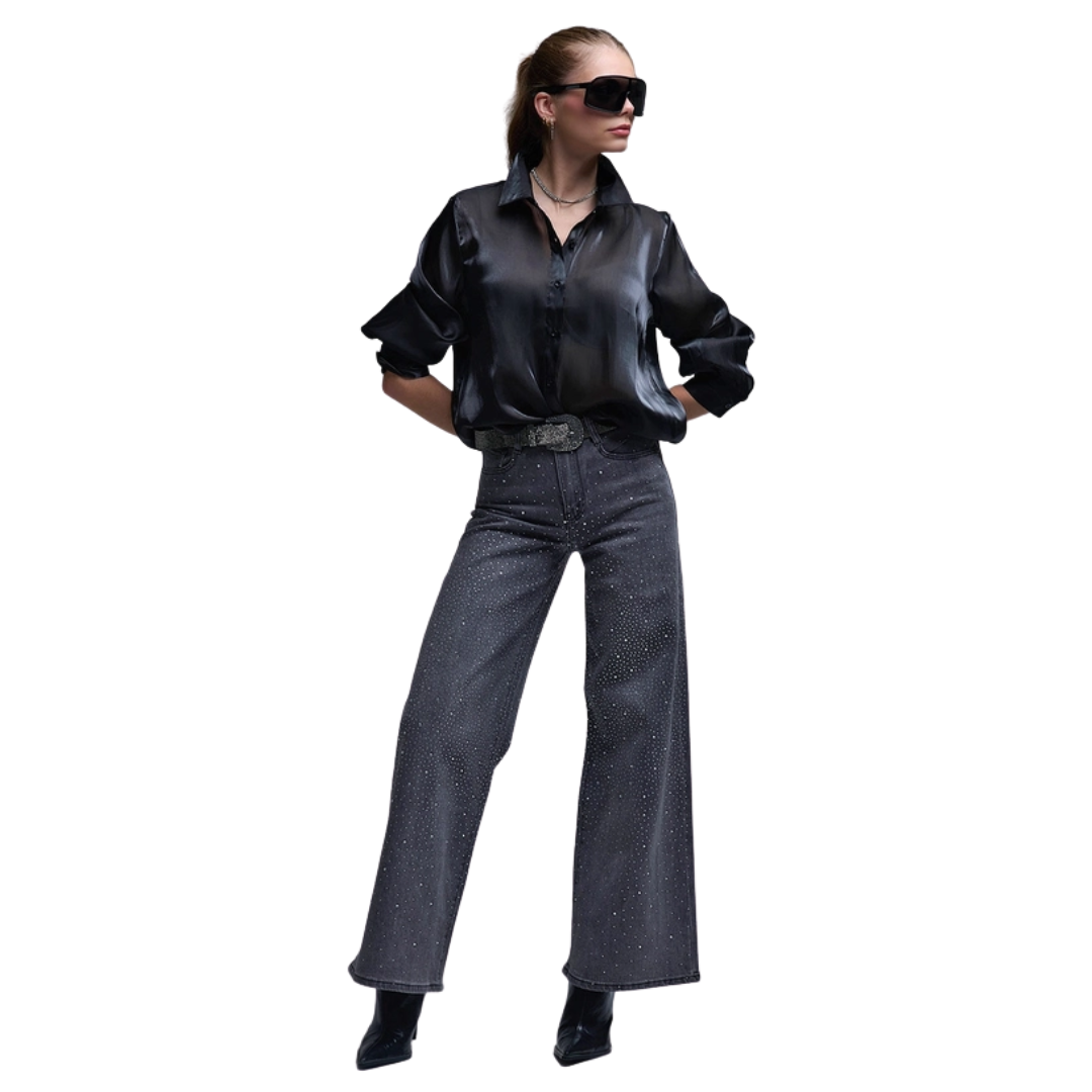 Black Rhinestone Wide Leg Jeans