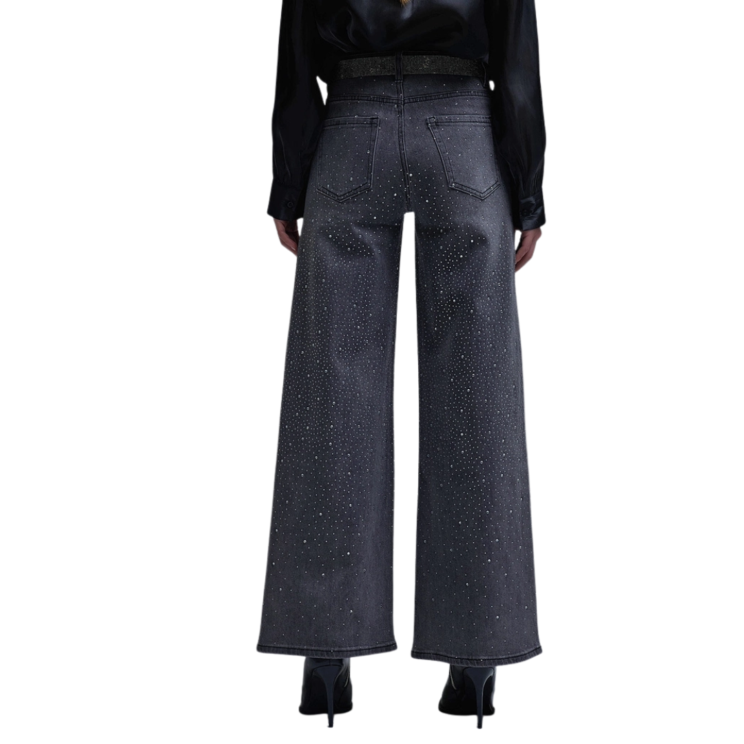 Black Rhinestone Wide Leg Jeans