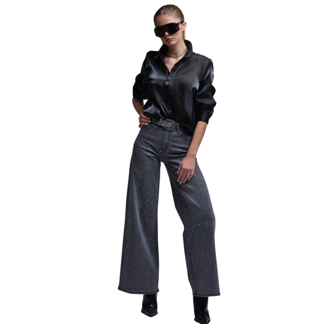 Black Rhinestone Wide Leg Jeans