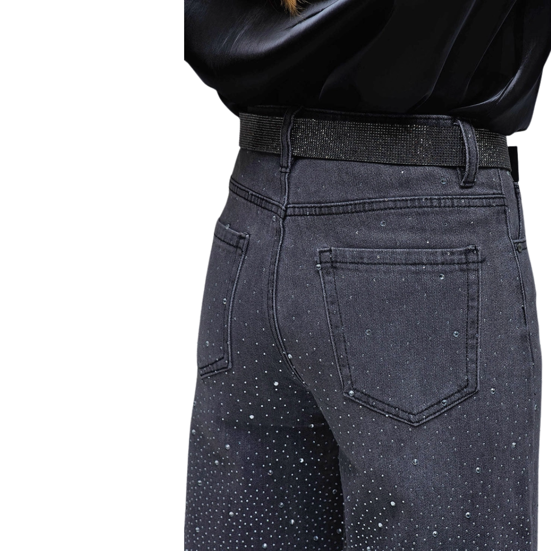 Black Rhinestone Wide Leg Jeans