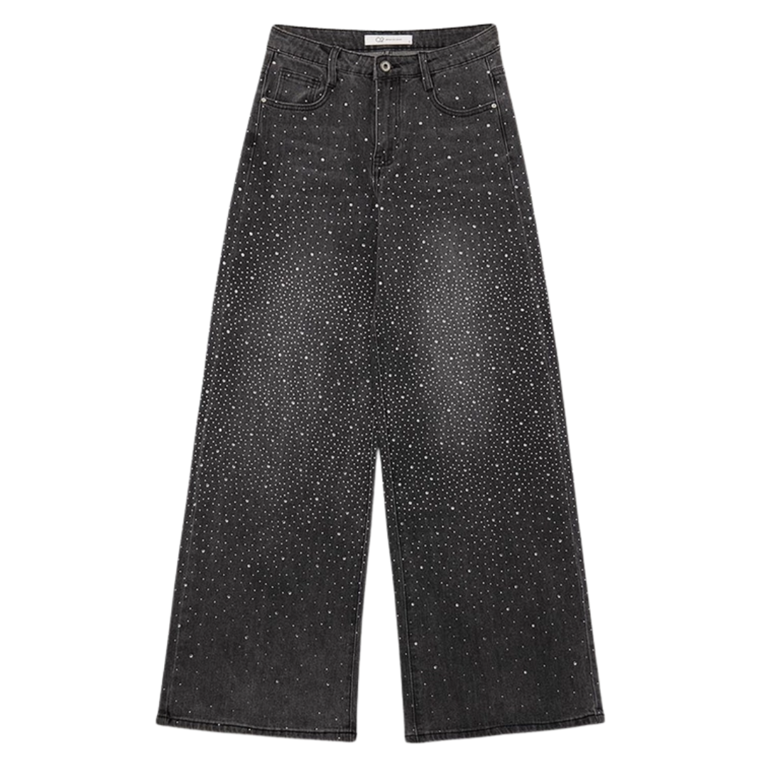 Black Rhinestone Wide Leg Jeans
