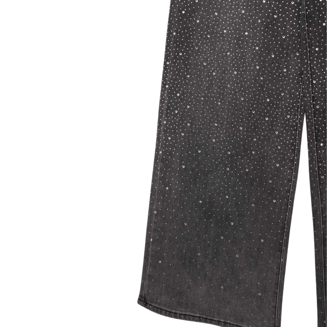 Black Rhinestone Wide Leg Jeans