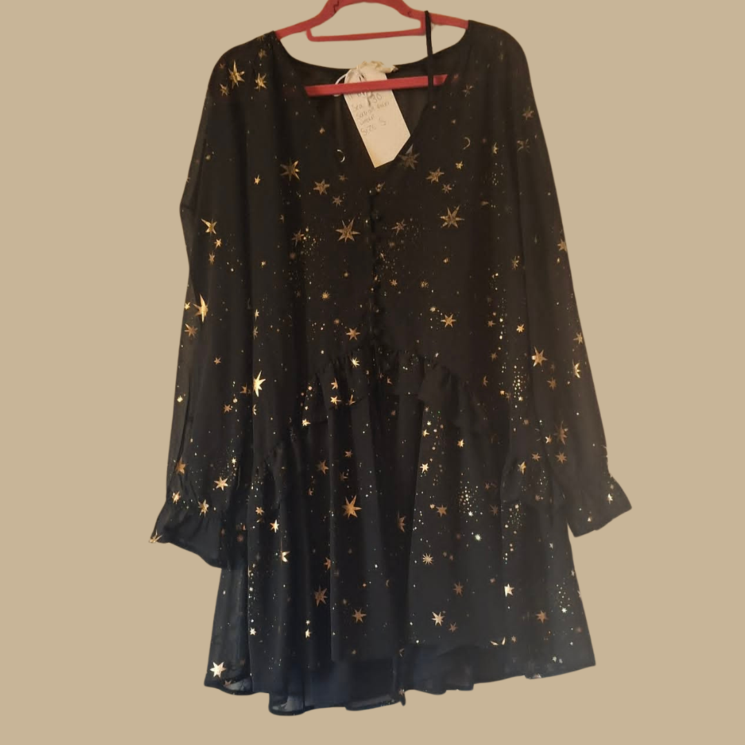 Black/Gold Star & Moon Flowy Midi Dress