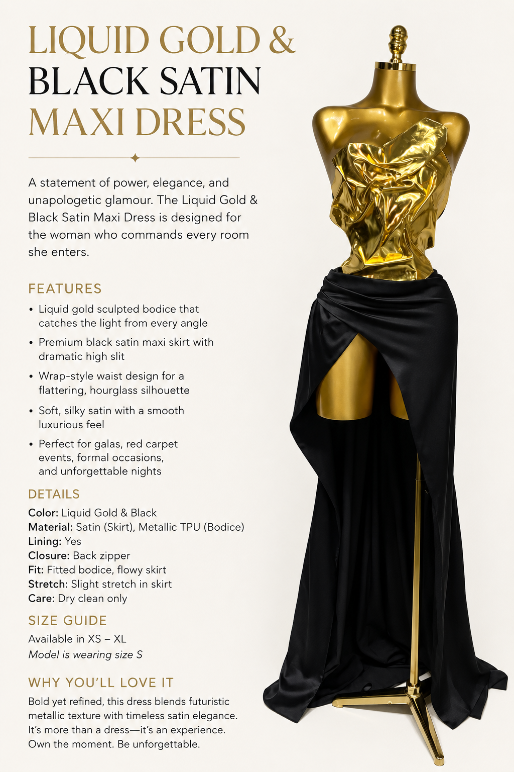 Liquid Gold & Black Satin Maxi Dress