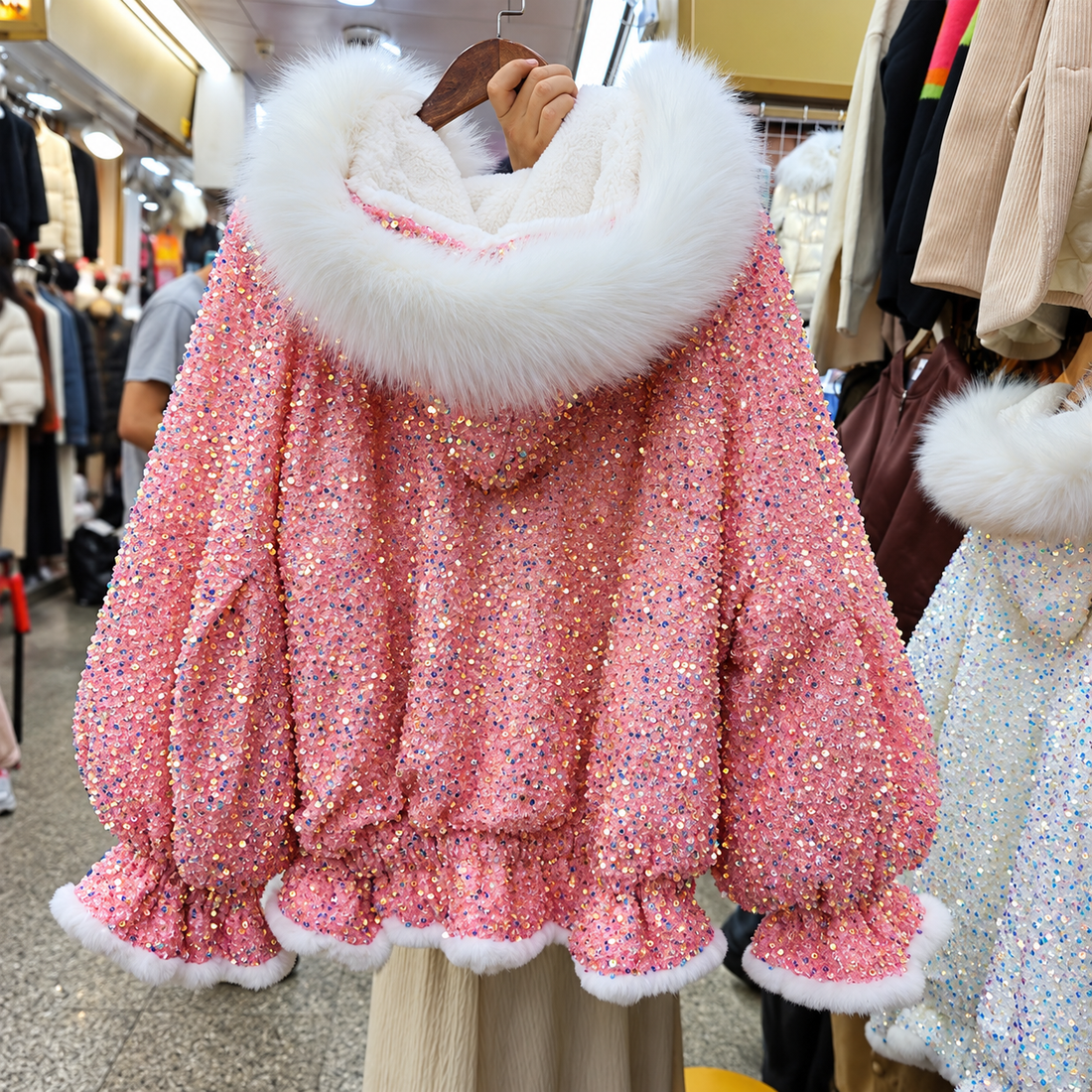 Sequin Ruched Fur Jacket