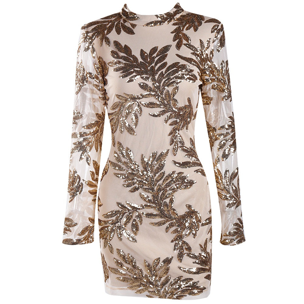 Sequin Mesh Palm Leaves Dress - Festigal