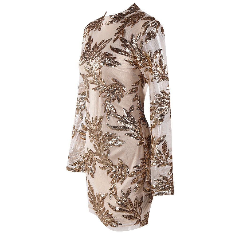 Sequin Mesh Palm Leaves Dress - Festigal