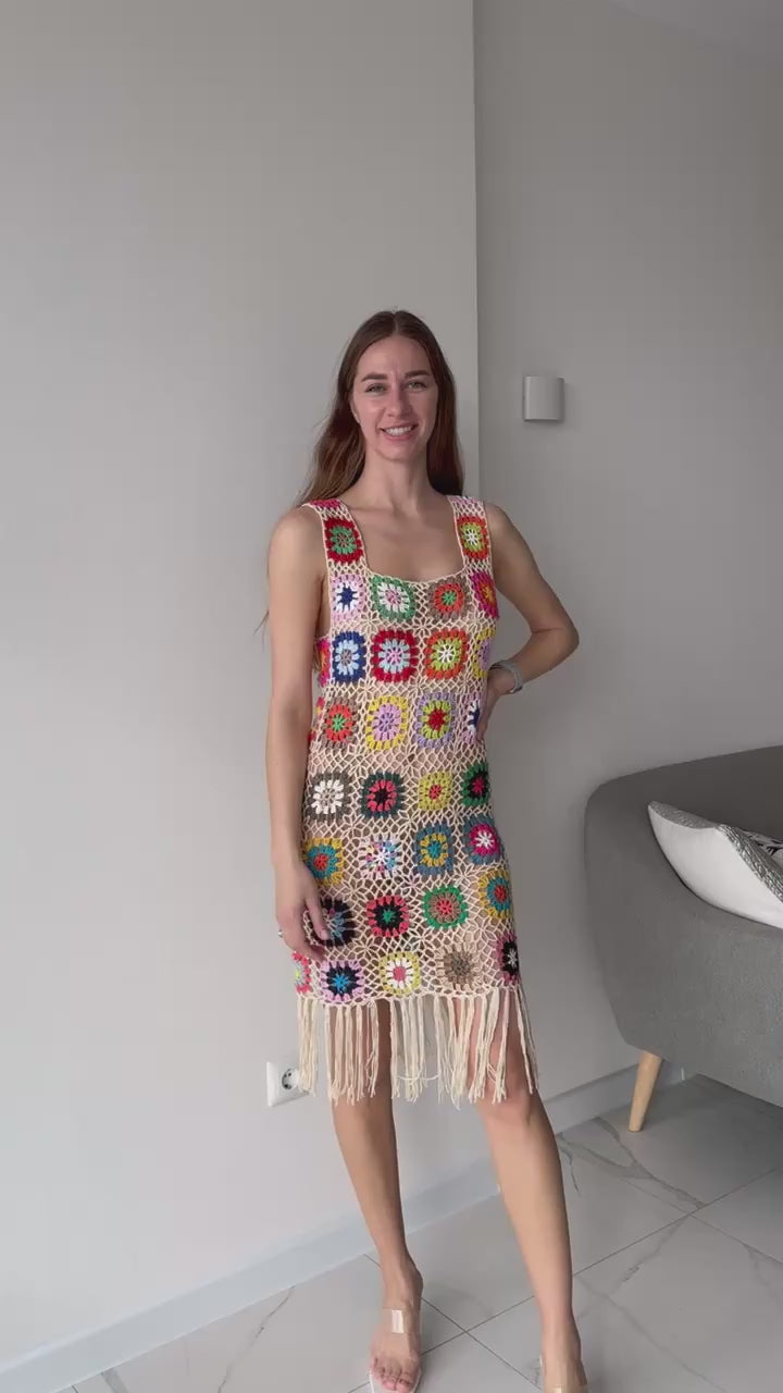 Crochet Granny Square Tassel Dress