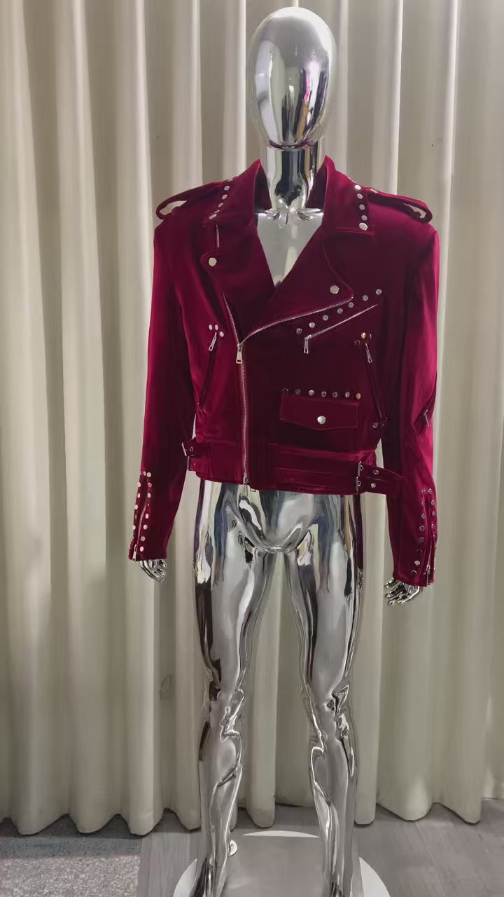 Men's Red Velvet Biker Jacket