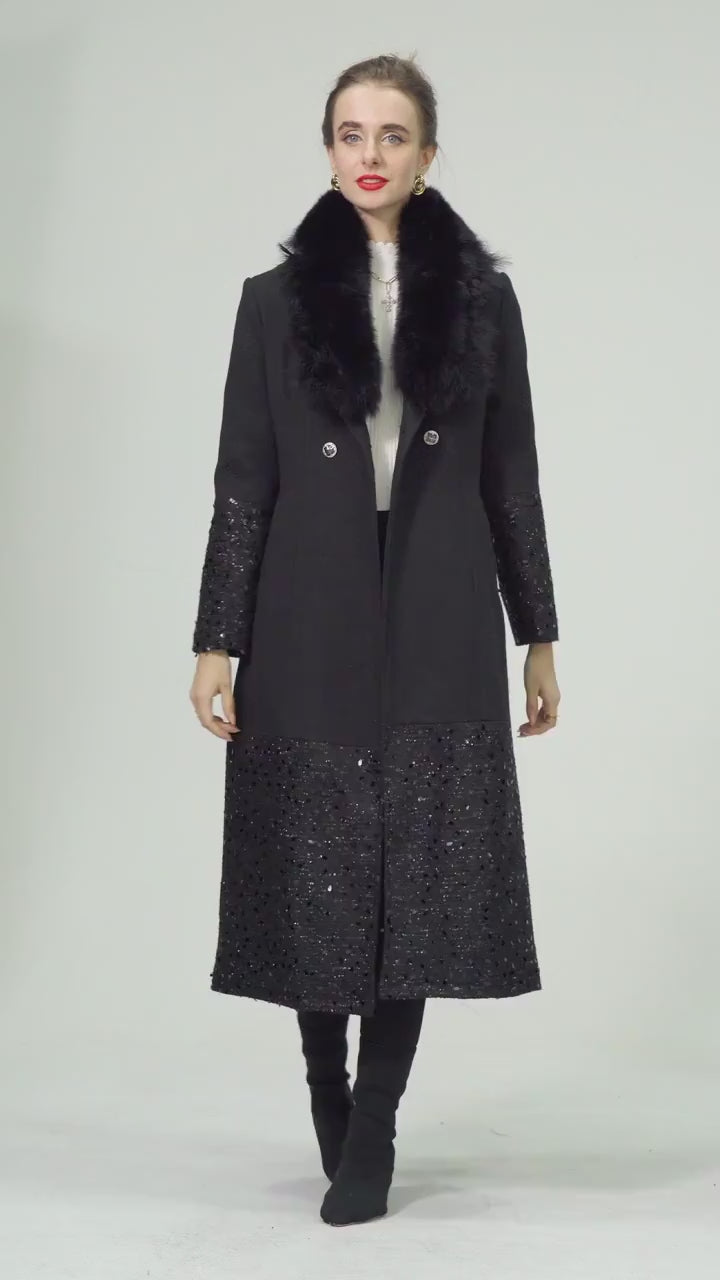 Long Sequin Fur Black Coat