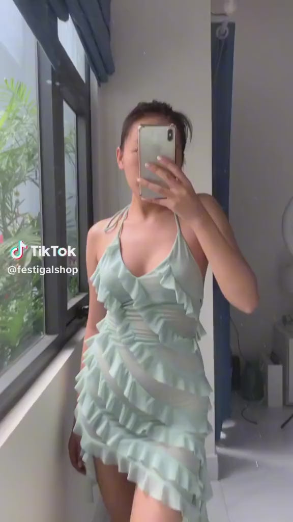 Halter Neck Asymmetrical Ruffle Dress