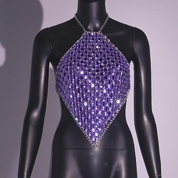 Sparkly Crystal  Purple Halter Backless Crop Top