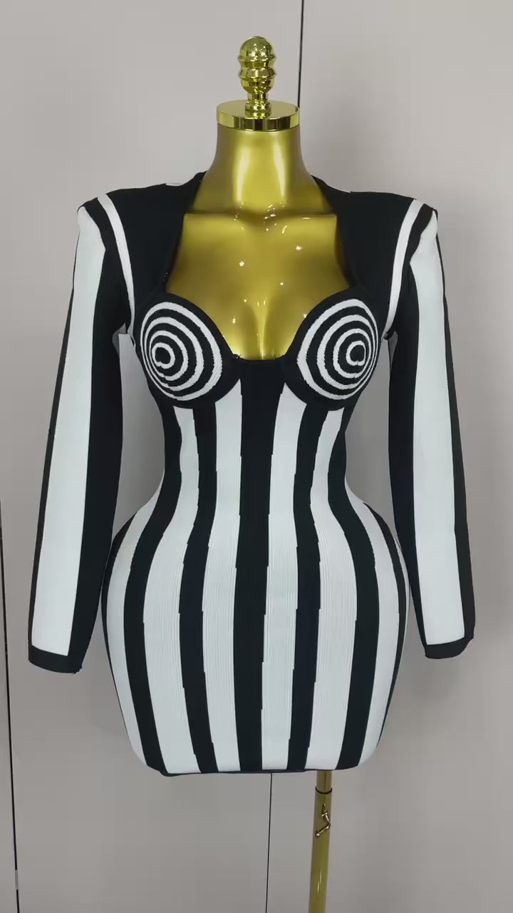 Black and White Striped Bandage Dress