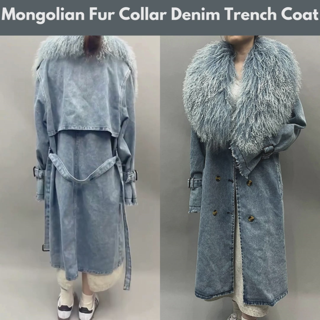 Mongolian Fur Collar Denim Trench Coat