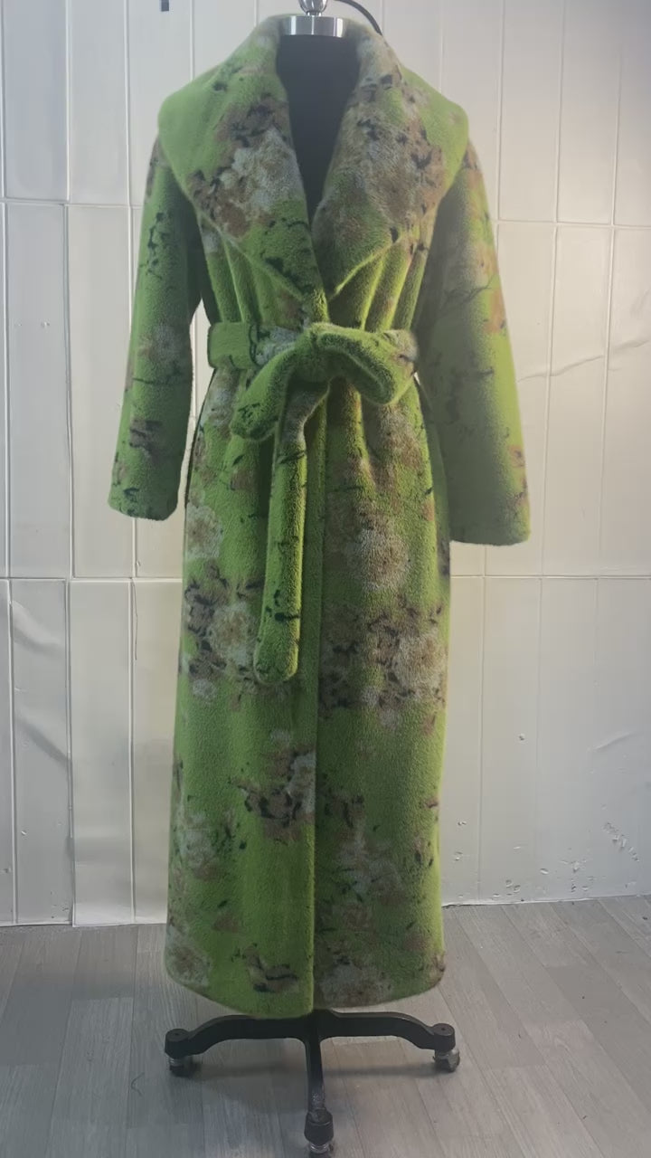 Green Floral Longline Faux Fur Coat