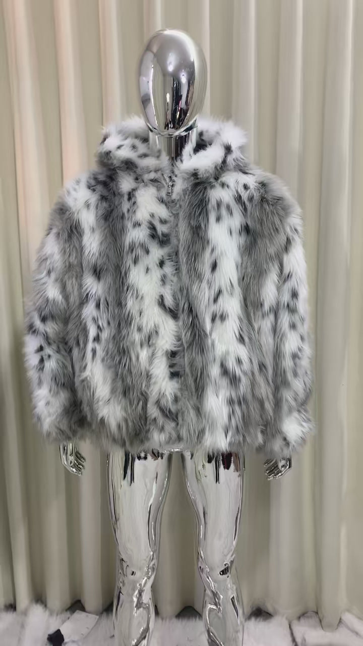 Men's Snow Leopard Faux Fur Coat