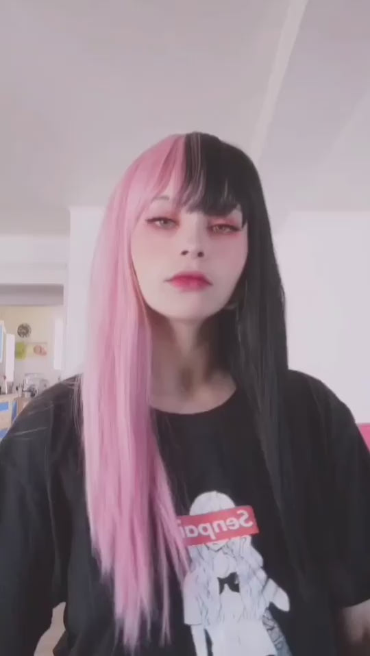 Pink & Black Two Tone Wig With Bangs