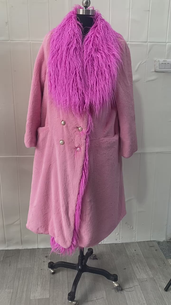 Pink Faux Fur Trim Collar Coat