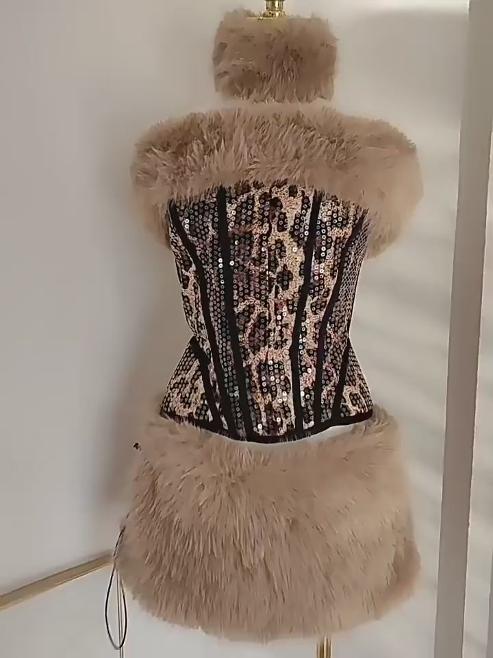 Leopard Print & Faux Fur Three Piece Set