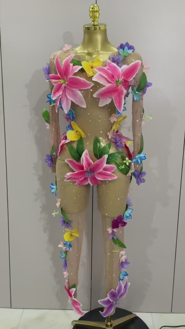 Flower Mesh Rhinestone Jumpsuit