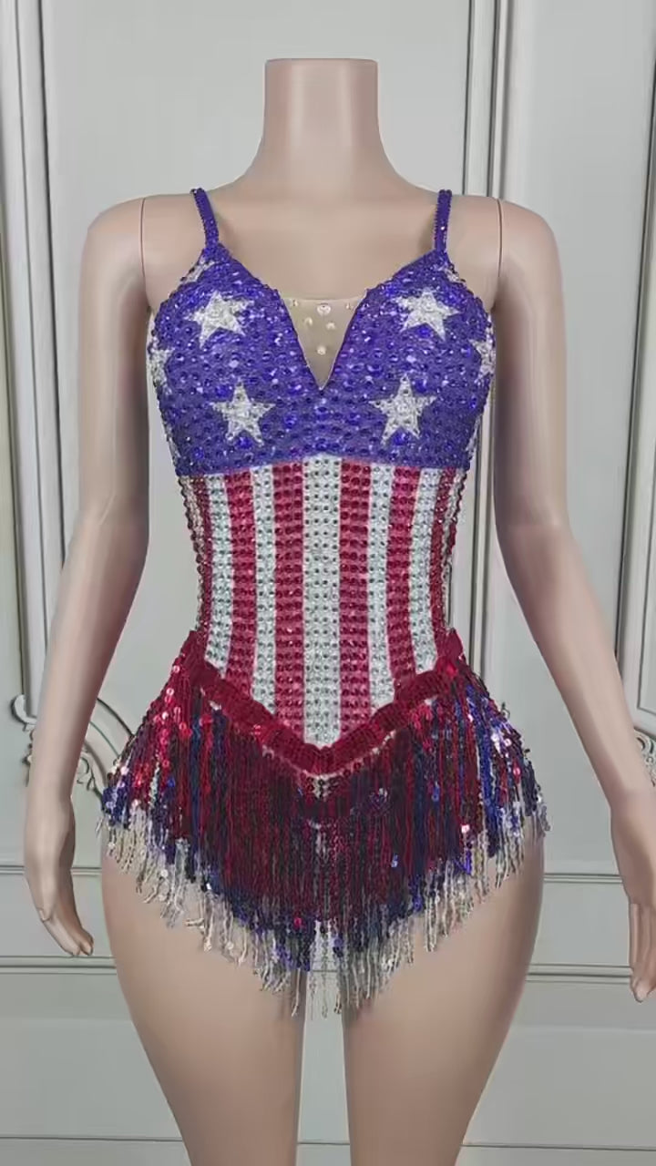 USA Sequin Tassel Bodysuit