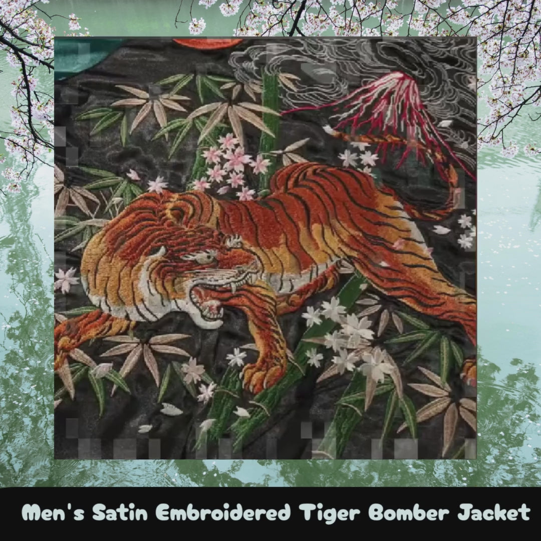 Men's Satin Embroidered Tiger Bomber Jacket