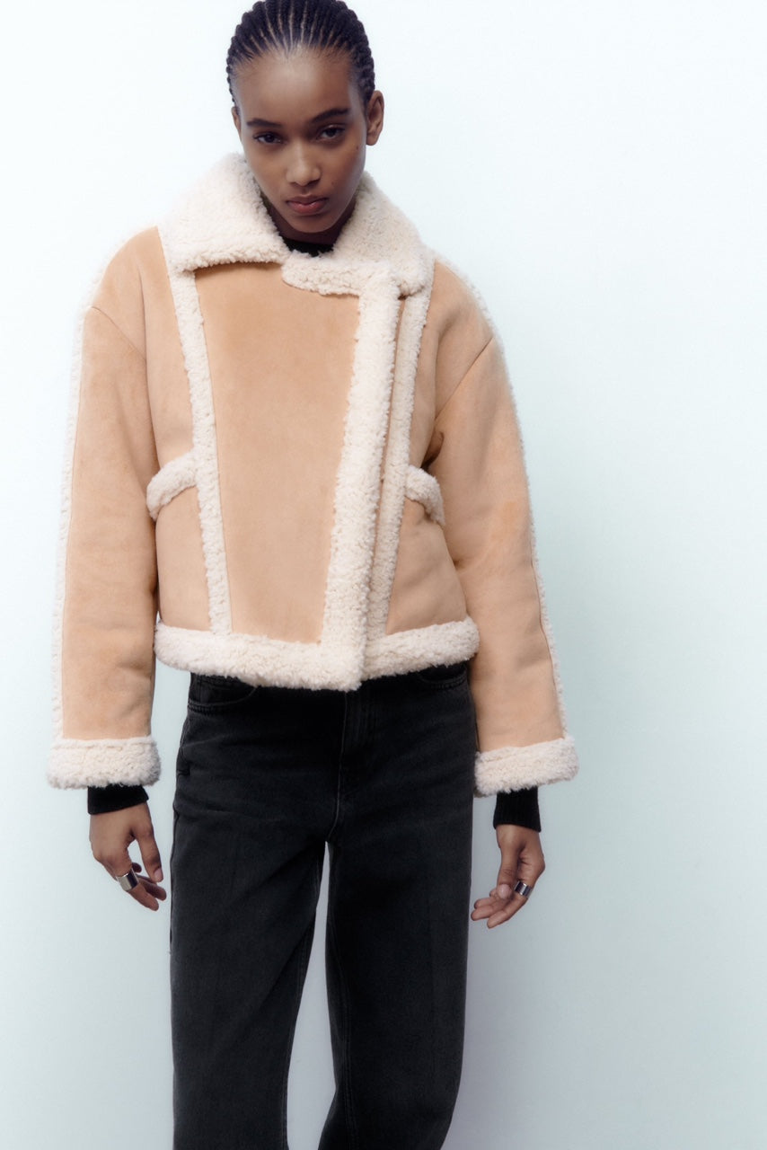 Tan Shearling Faux Leather Jacket - Festigal