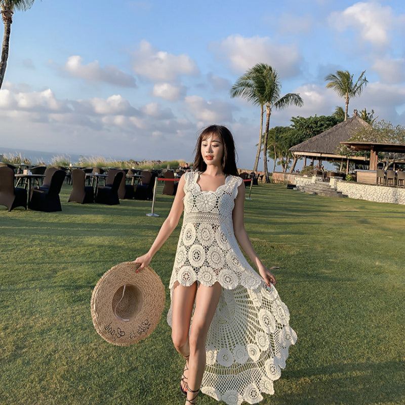 Crochet Lace Asymmetrical Beach Style Dress - Festigal