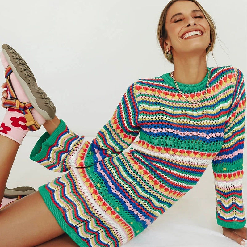 Colourful Striped Knitted/Crochet Dress - Festigal