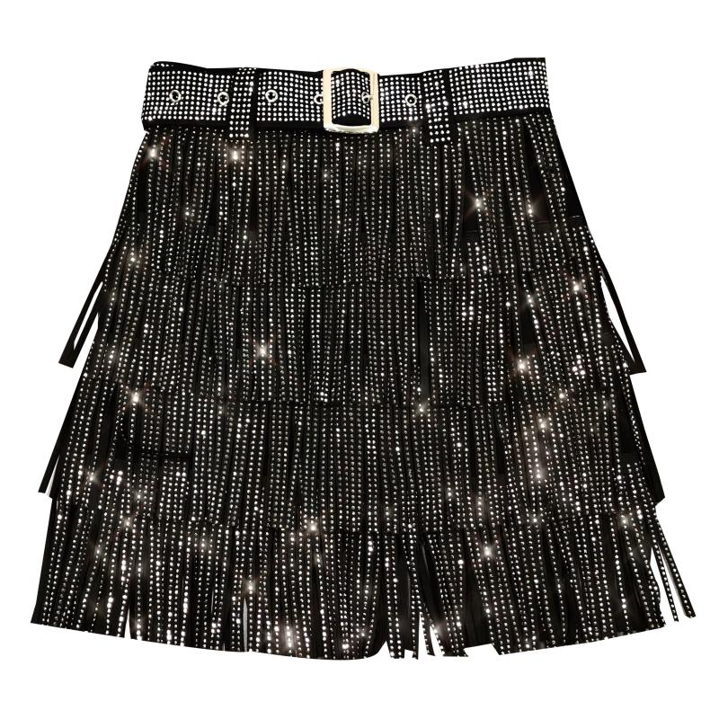 Western Rhinestone Tassel Skirt & Top Set - Festigal
