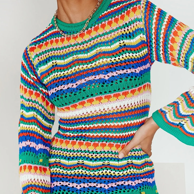 Colourful Striped Knitted/Crochet Dress - Festigal