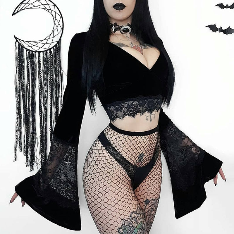 Velvet Lace Insert Crop Top - Festigal