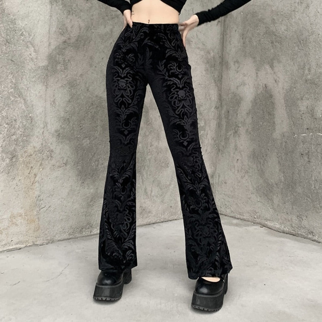 Flared Goth Embossed Velvet Pants - Festigal