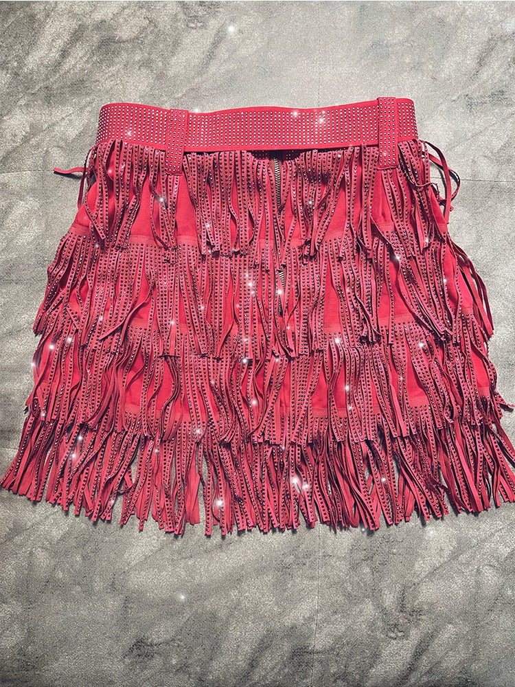 Western Rhinestone Tassel Skirt & Top Set - Festigal