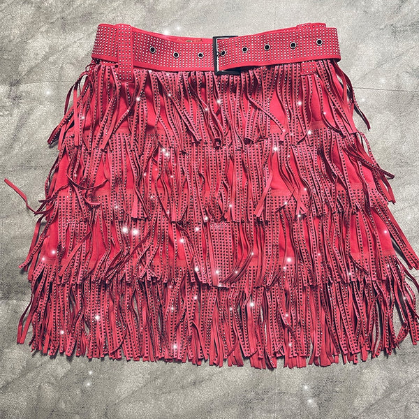 Western Rhinestone Tassel Skirt & Top Set - Festigal