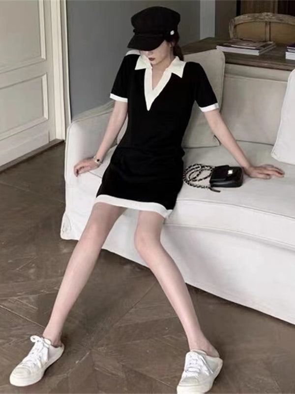 Monochrome Contrast Polyester Dress - Festigal