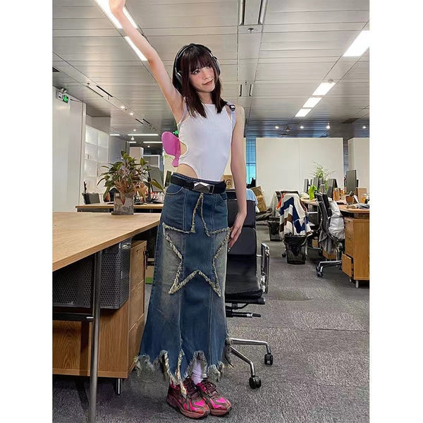 Distressed Star Denim Maxi Skirt - Festigal