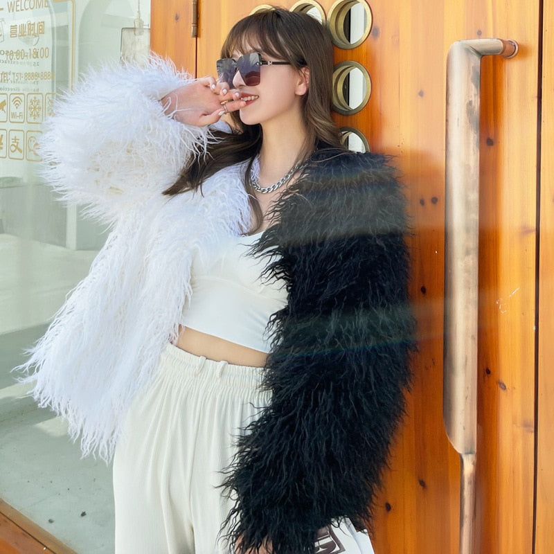 Two Tone Shaggy Faux Fur Jacket - Festigal