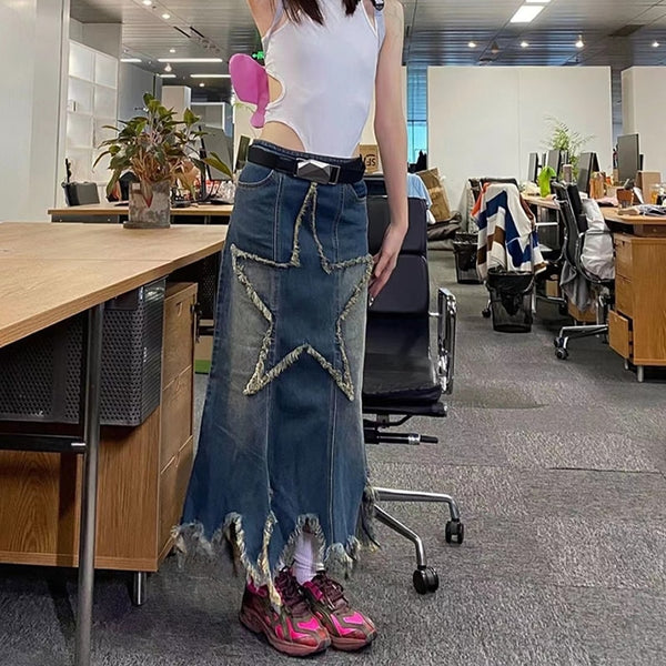 Distressed Star Denim Maxi Skirt - Festigal