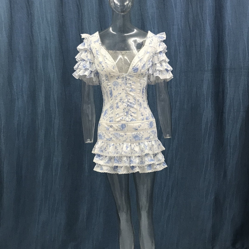 Plunging Floral Ruffle Dress - Festigal