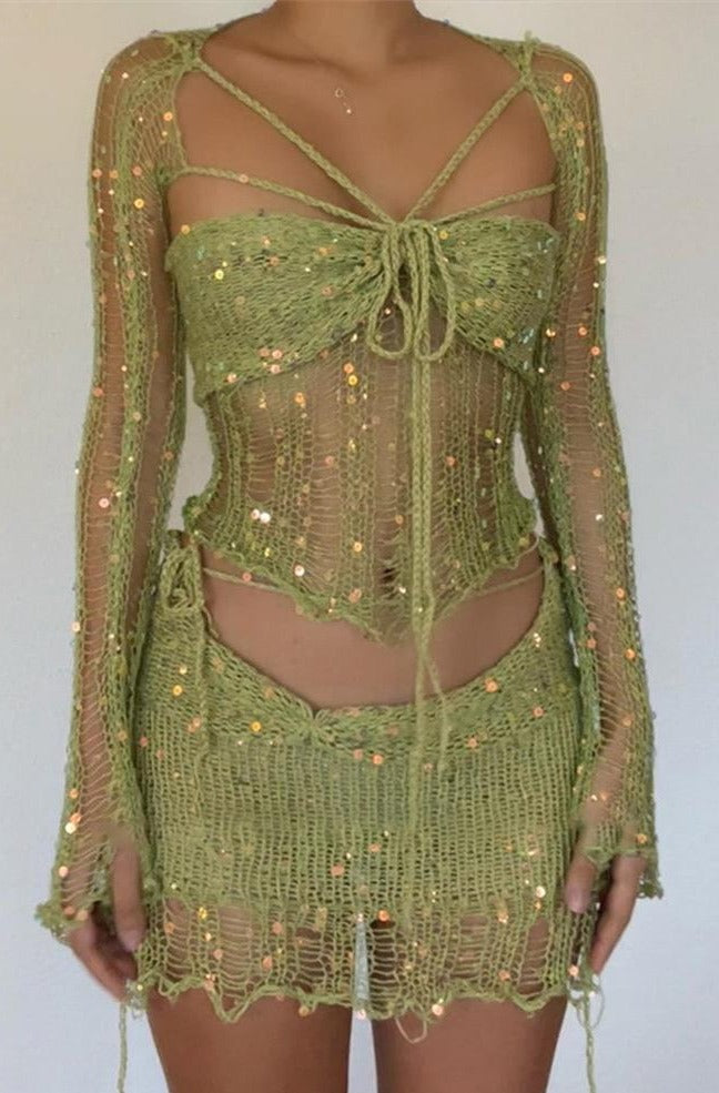 Distressed Knitted Sequin Three Piece Set - Festigal
