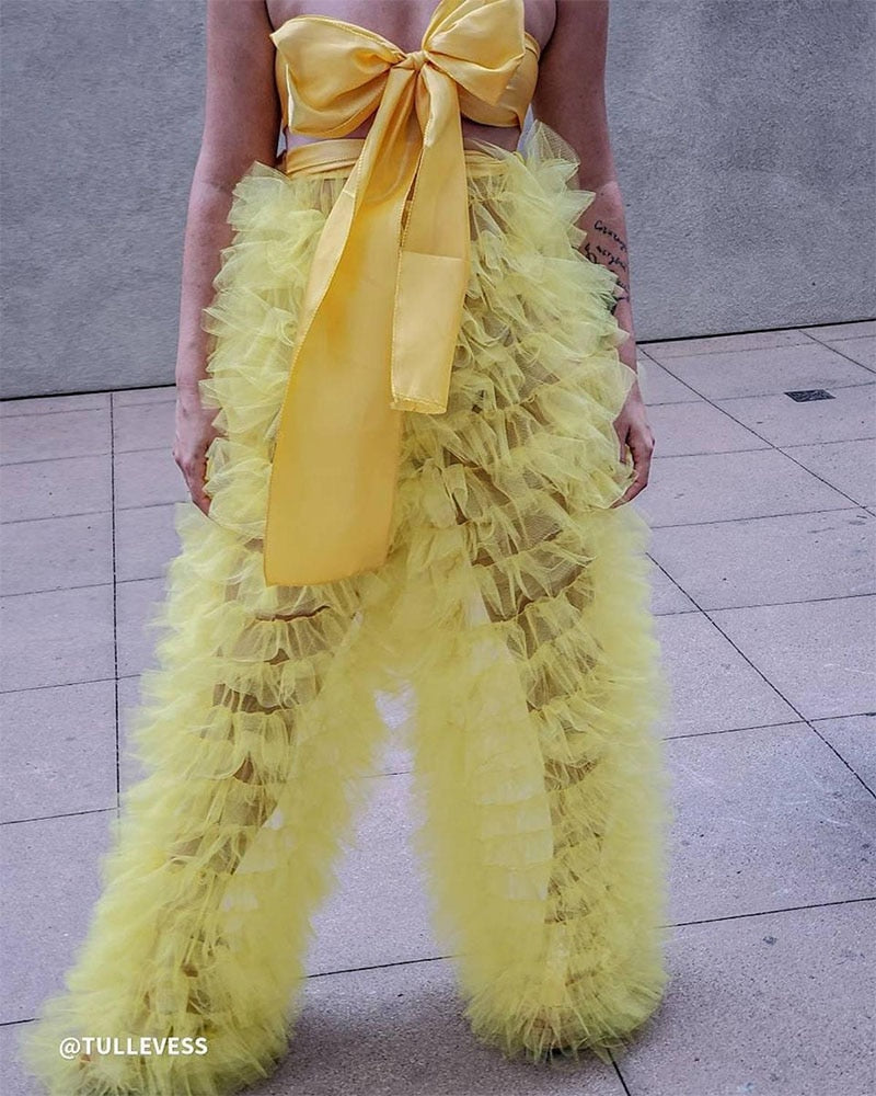 Ruffle Tulle High Waist Pants - Festigal